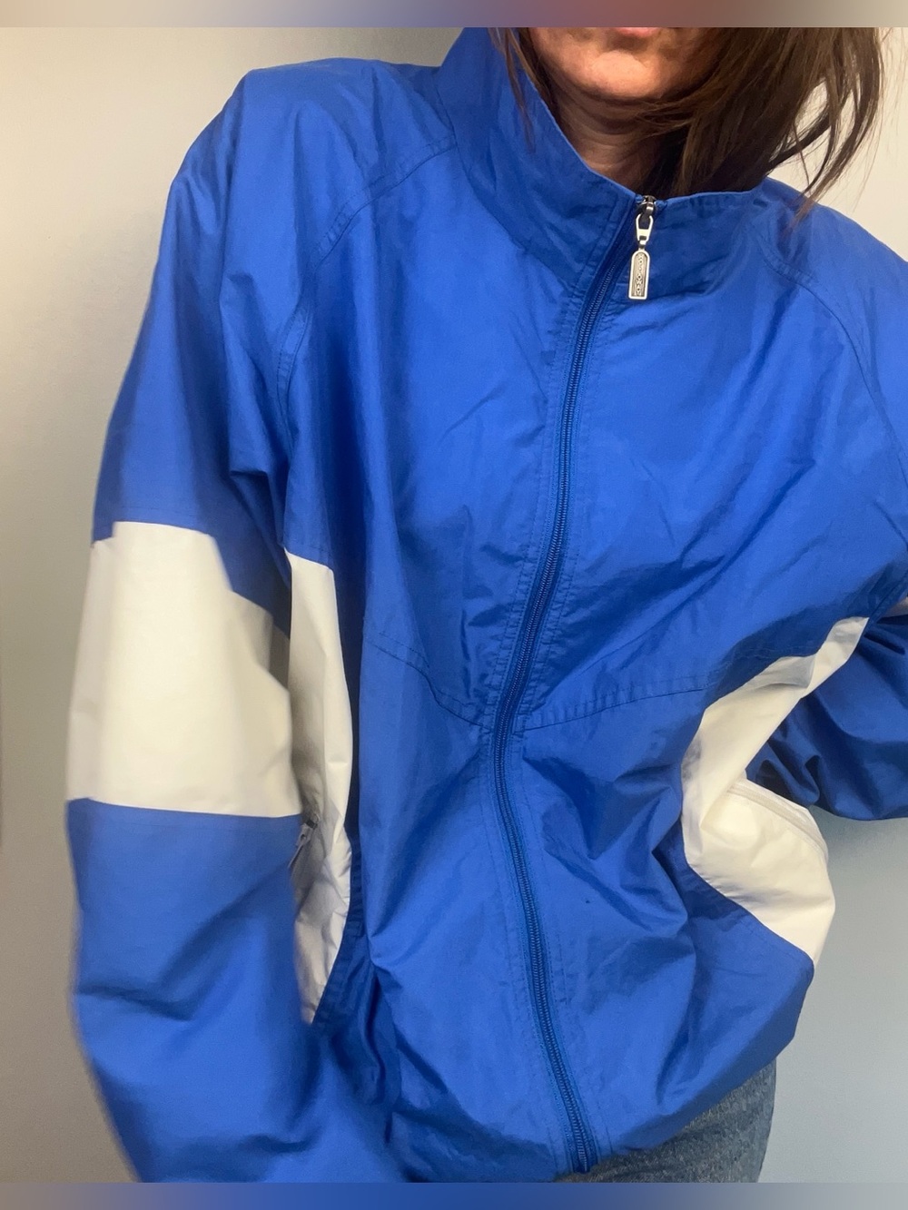Vintage 90s Oversized Colorblock Windbreaker – Royal Blue & White – Men’s XL